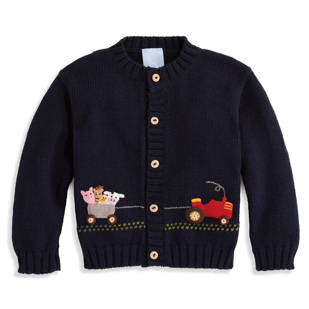 Applique Animal Tractor Cardigan -- Navy