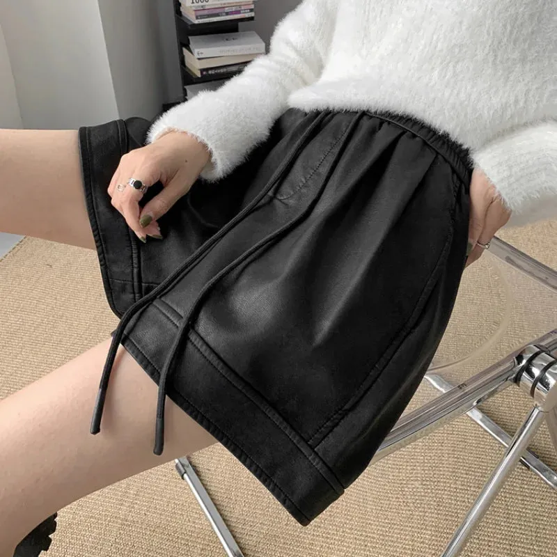 Autumn Winter PU Leather High Waist Wide-leg Casual Shorts