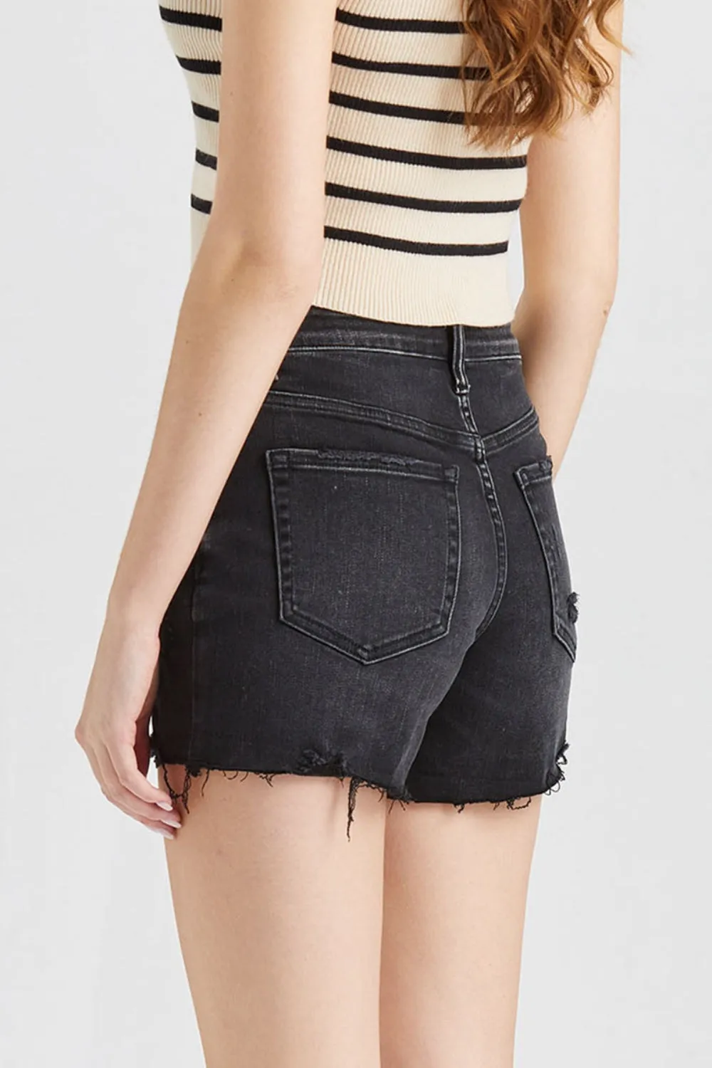 BAYEAS Stepped Waist Raw Hem Denim Shorts