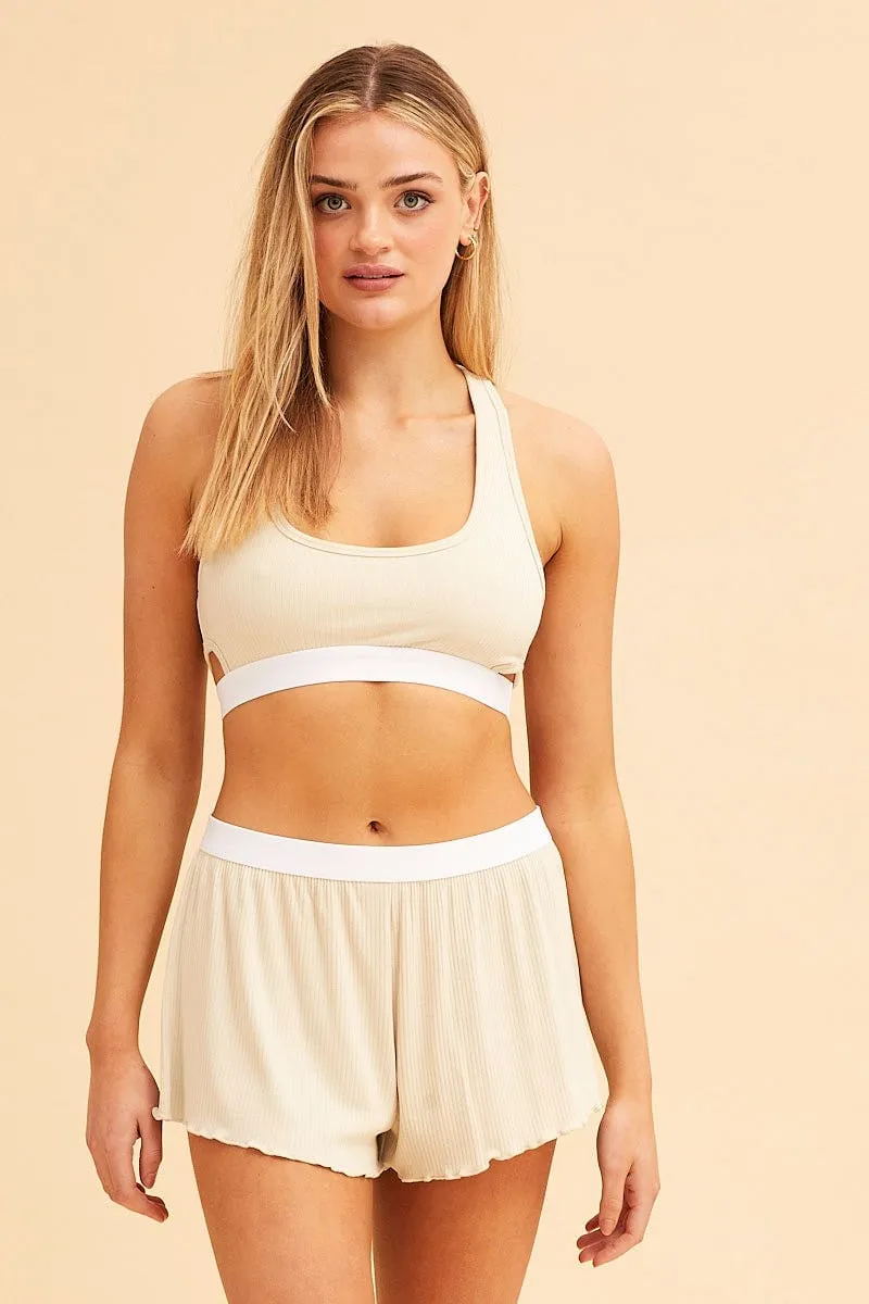 Beige Mia Soft Rib Elastic Waist Shorts