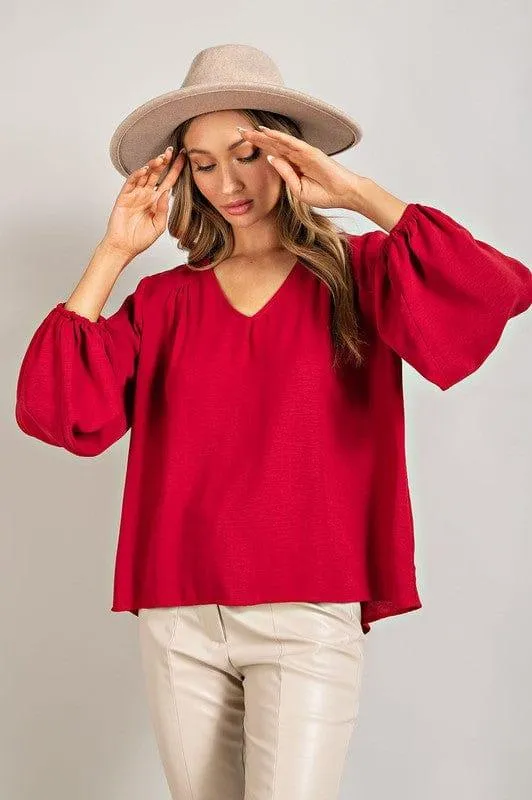 Blouse top puff sleeve in Wine