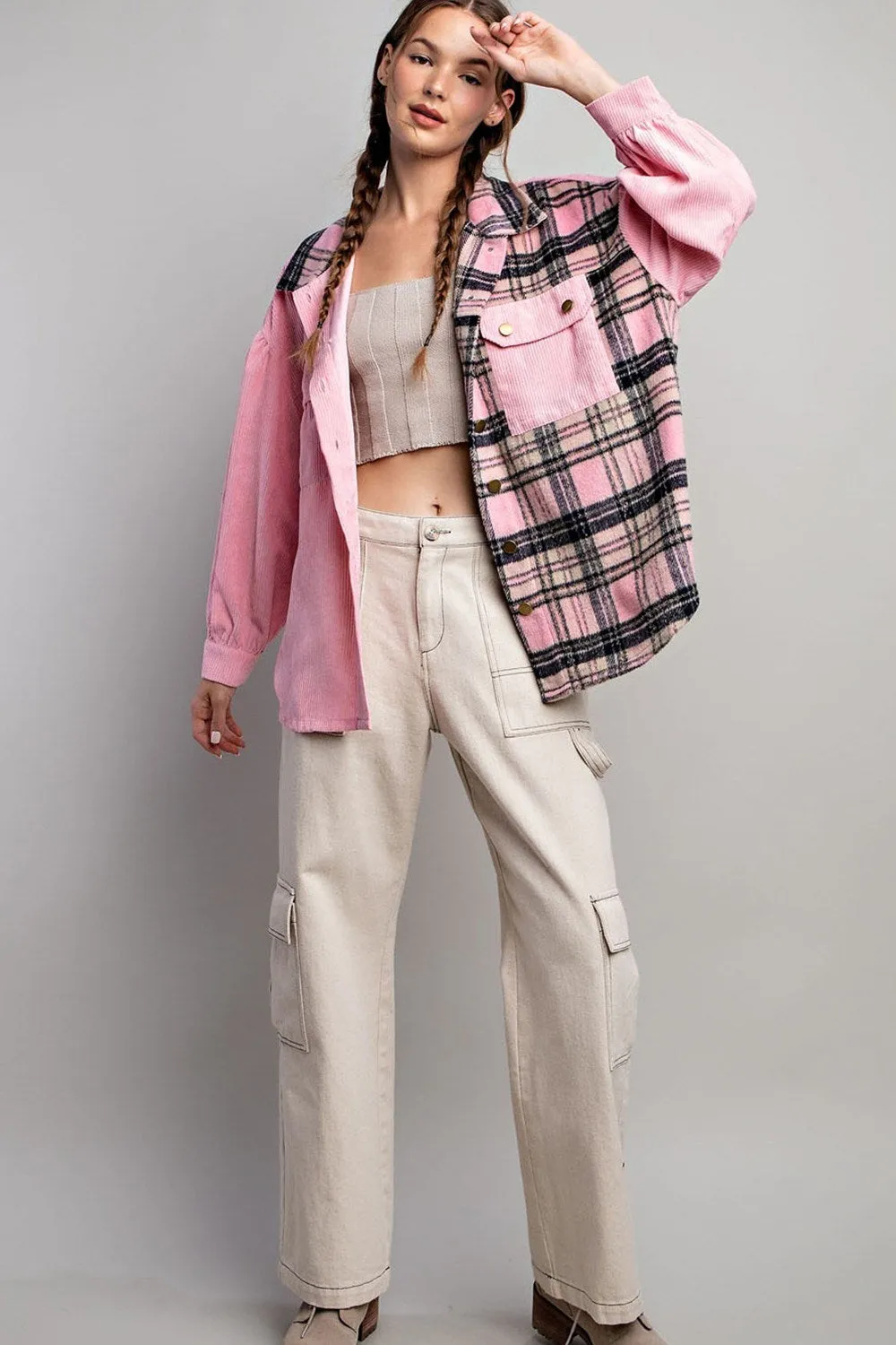 Bubble pinksoft washed corduroy button down jacket