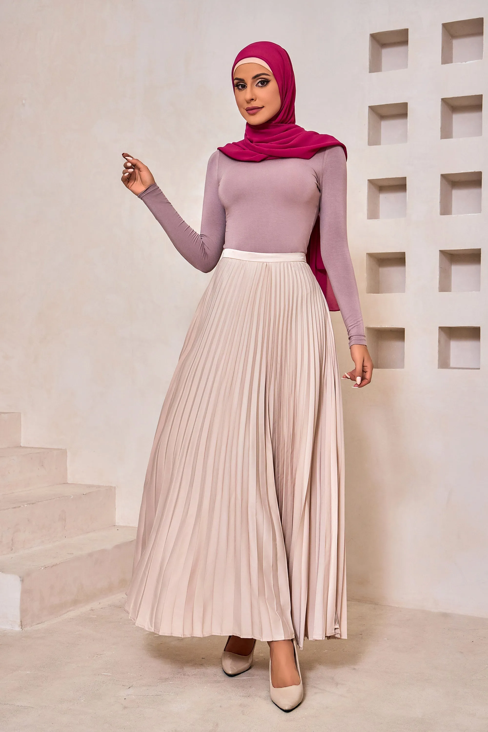 Champagne Satin Pleated Maxi Skirt