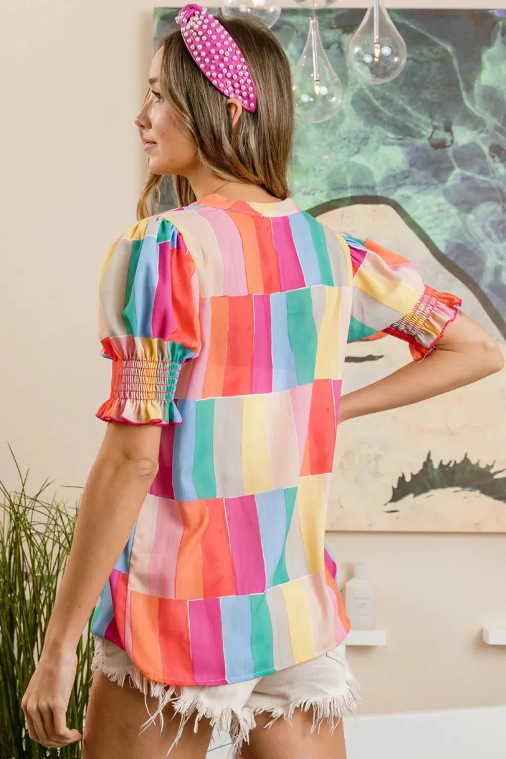 Color Block Smocked Short Sleeve Blouse