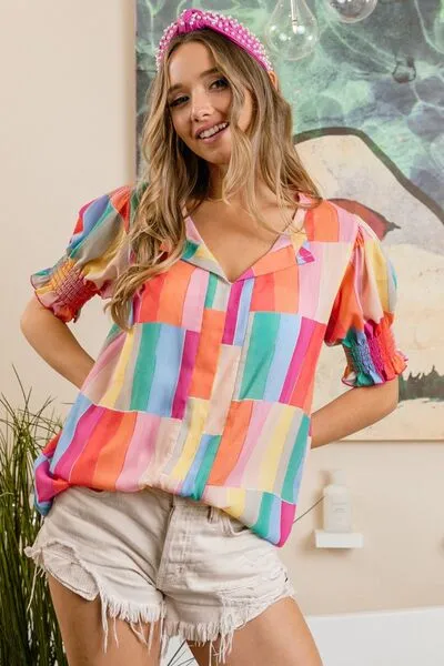 Color Block Smocked Short Sleeve Blouse