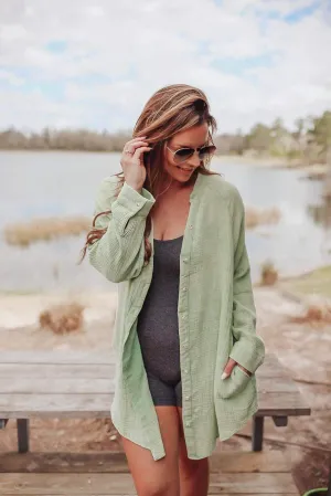 Corey Button Up Top In Vintage Green