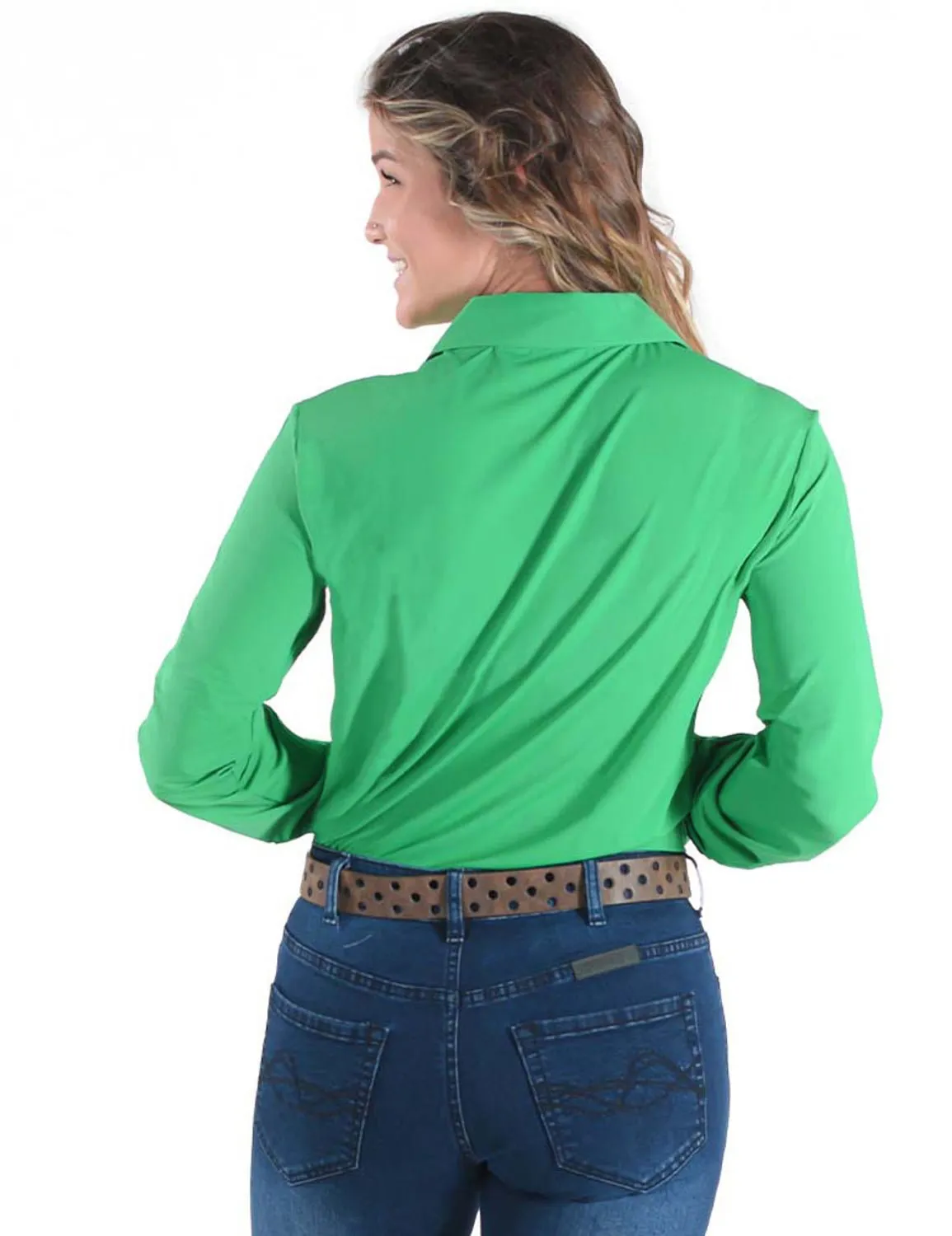 Cowgirl Tuff Womens Cooling UPF Button Up Money Green Nylon L/S Shirt