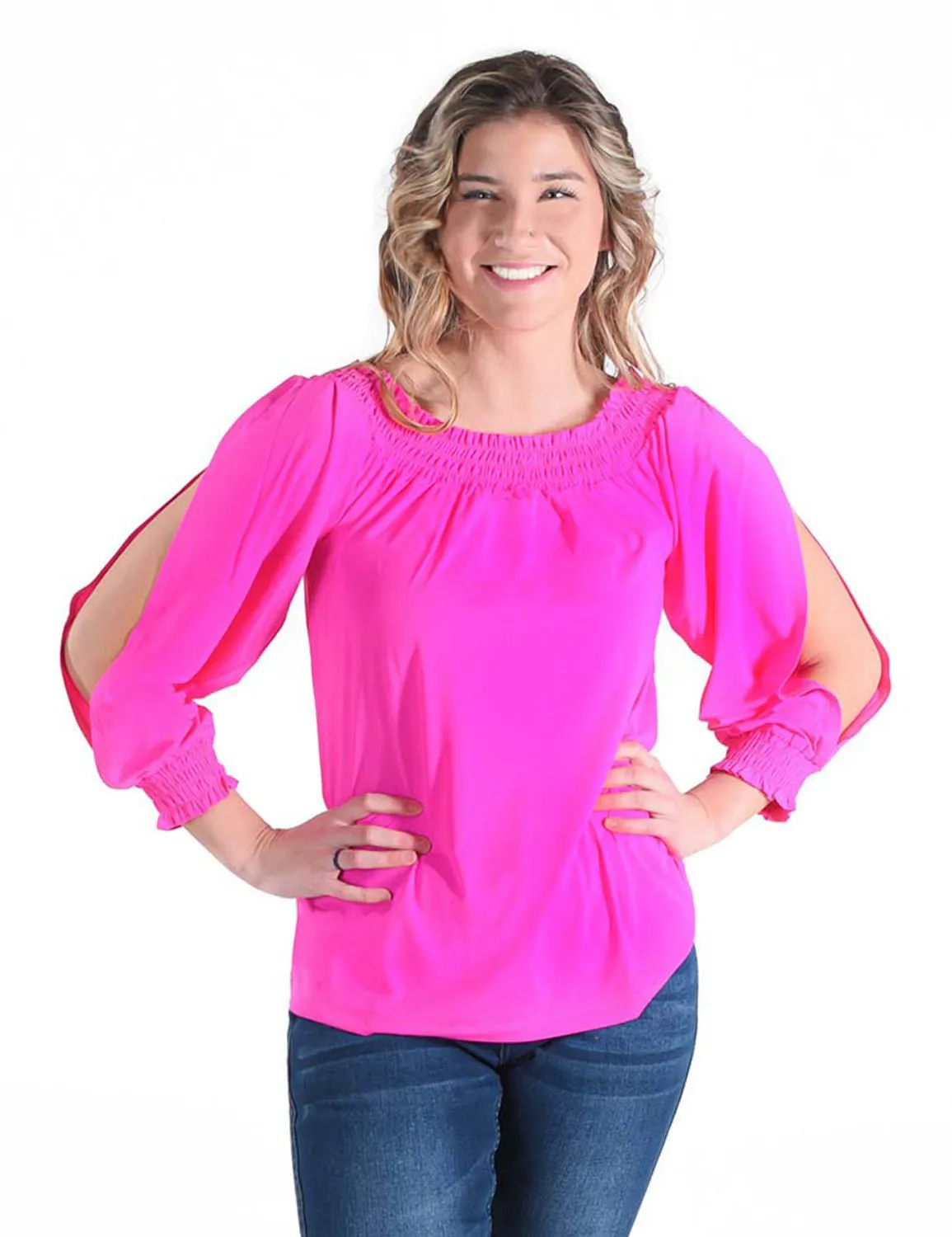 Cowgirl Tuff Womens Cooling UPF Flowy Hot Pink Nylon L/S Blouse