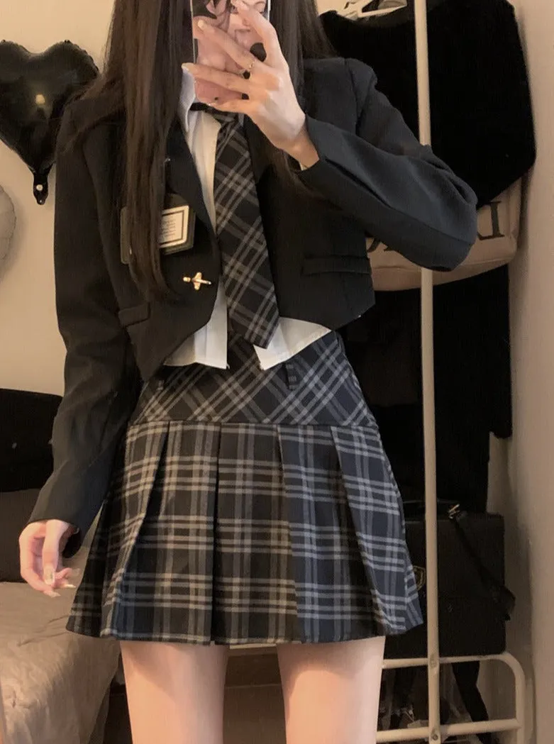 Dark Academia Brown & Navy Blue Blazer Jacket Long Sleeve Shirt Plaid Pleated Skirt Three Piece Set