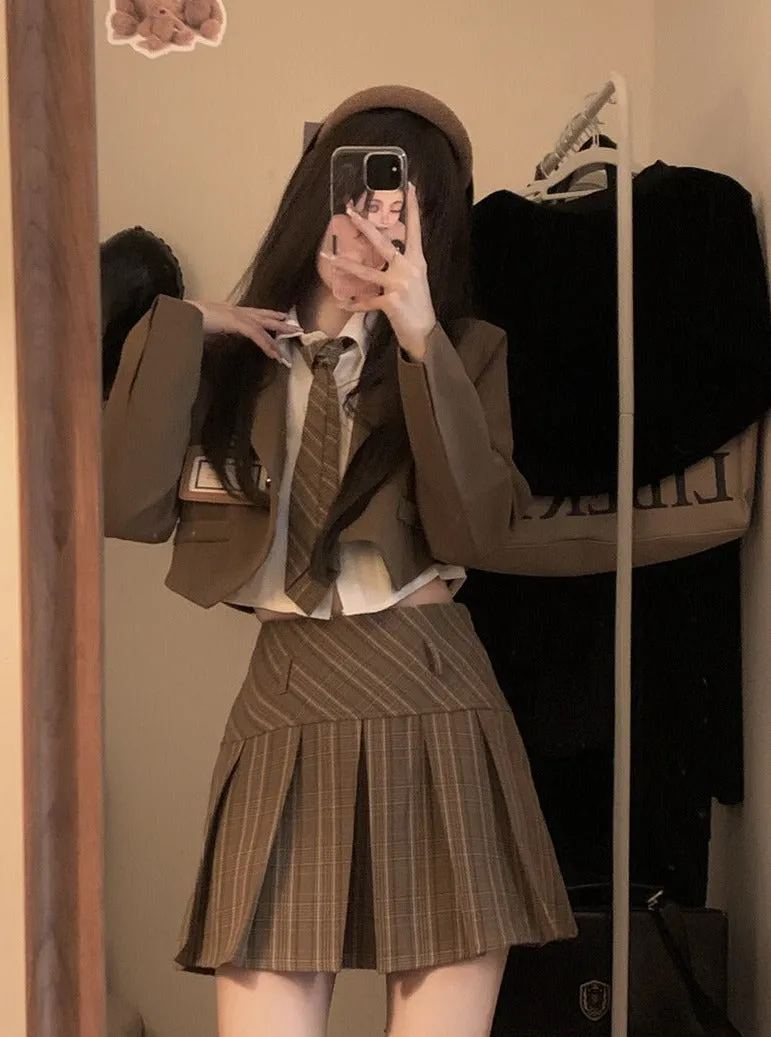 Dark Academia Brown & Navy Blue Blazer Jacket Long Sleeve Shirt Plaid Pleated Skirt Three Piece Set