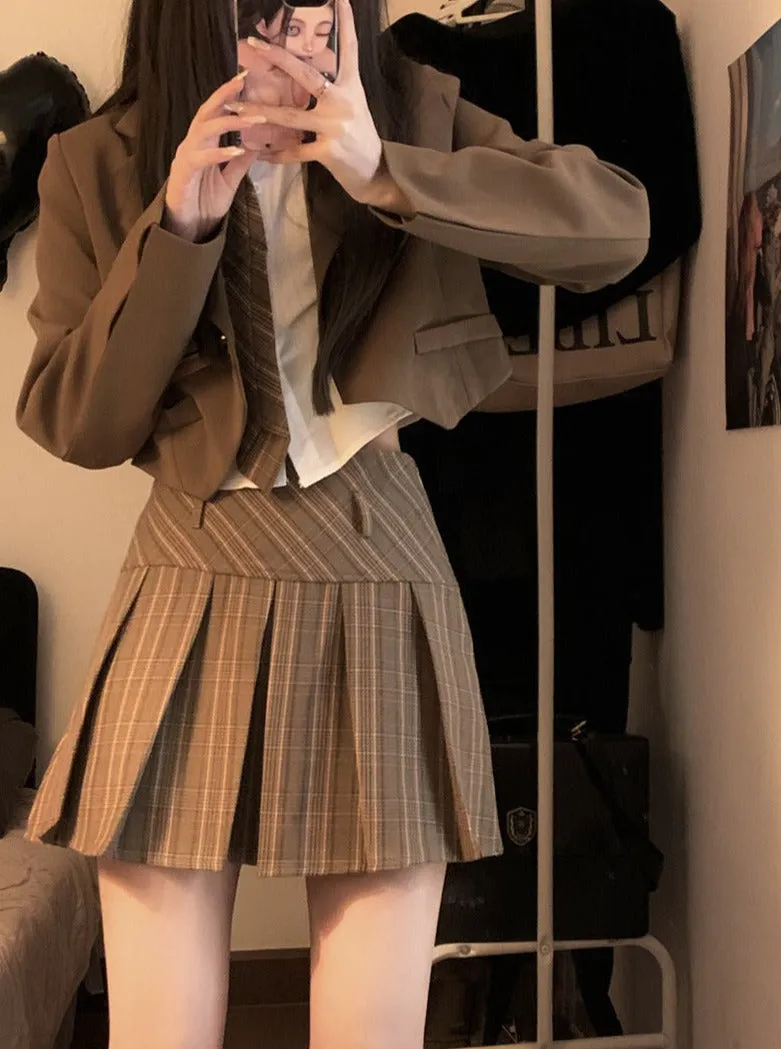 Dark Academia Brown & Navy Blue Blazer Jacket Long Sleeve Shirt Plaid Pleated Skirt Three Piece Set