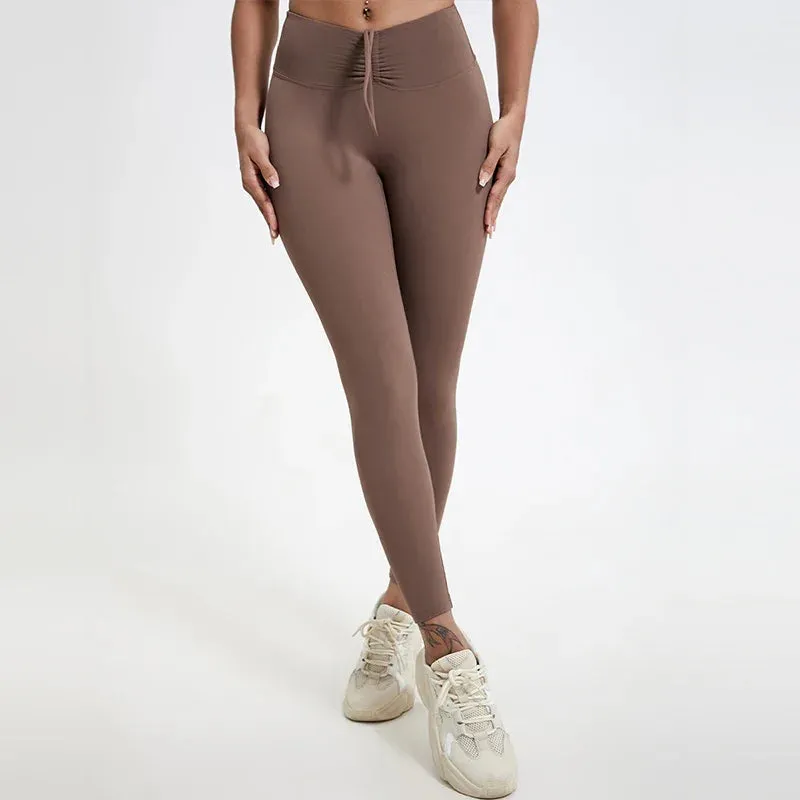 Drawstring High Waist Tights Female Push Up Breathable Sports Leggings