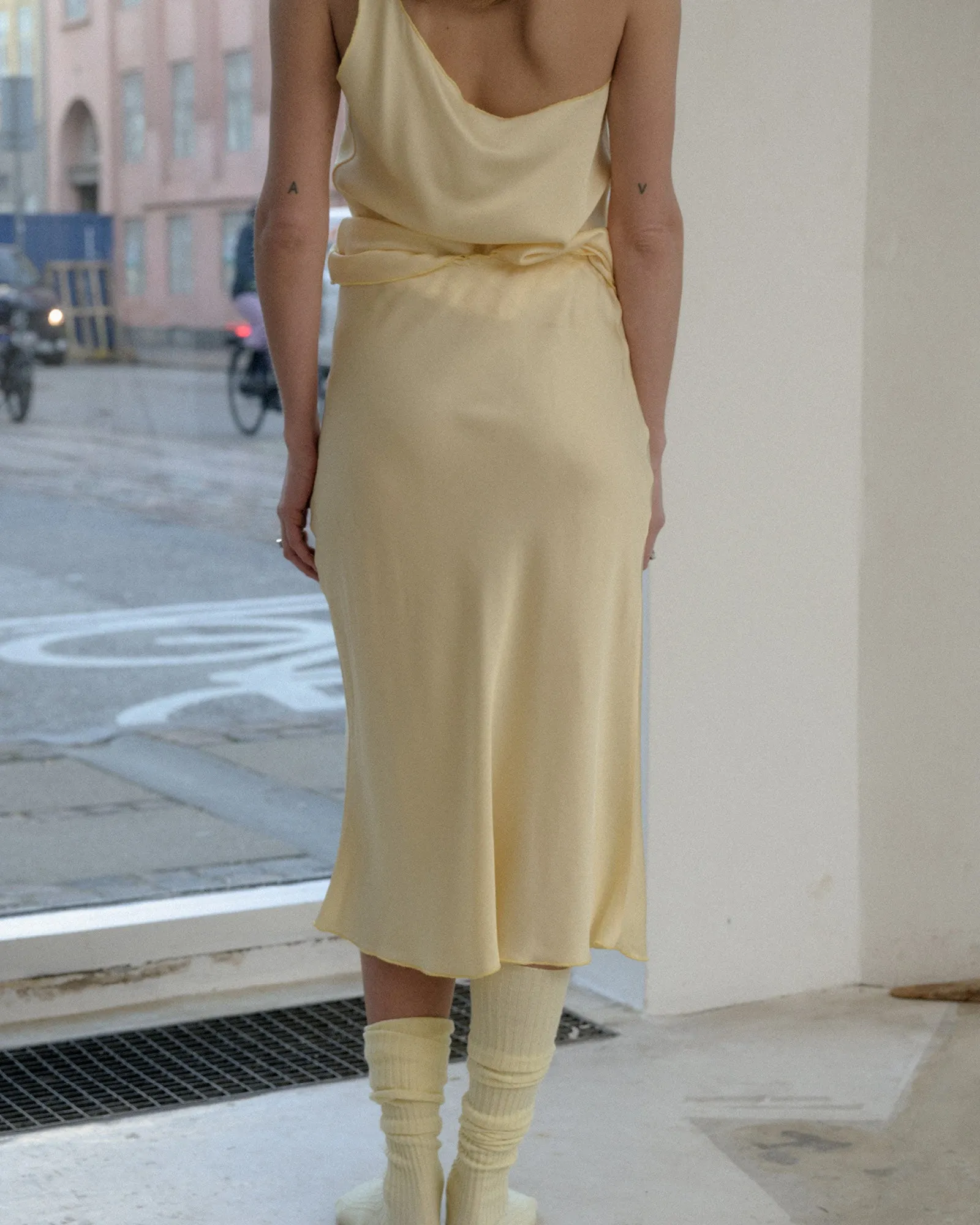 Sophia Yellow Dydine Mid-Length Satin Skirt - EcoVero Sustainable Fabric