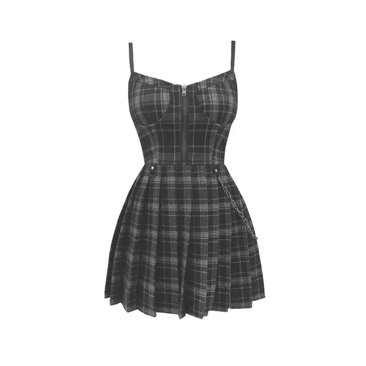 Edgy Plaid Zipper Chain Pleated Slip Dress