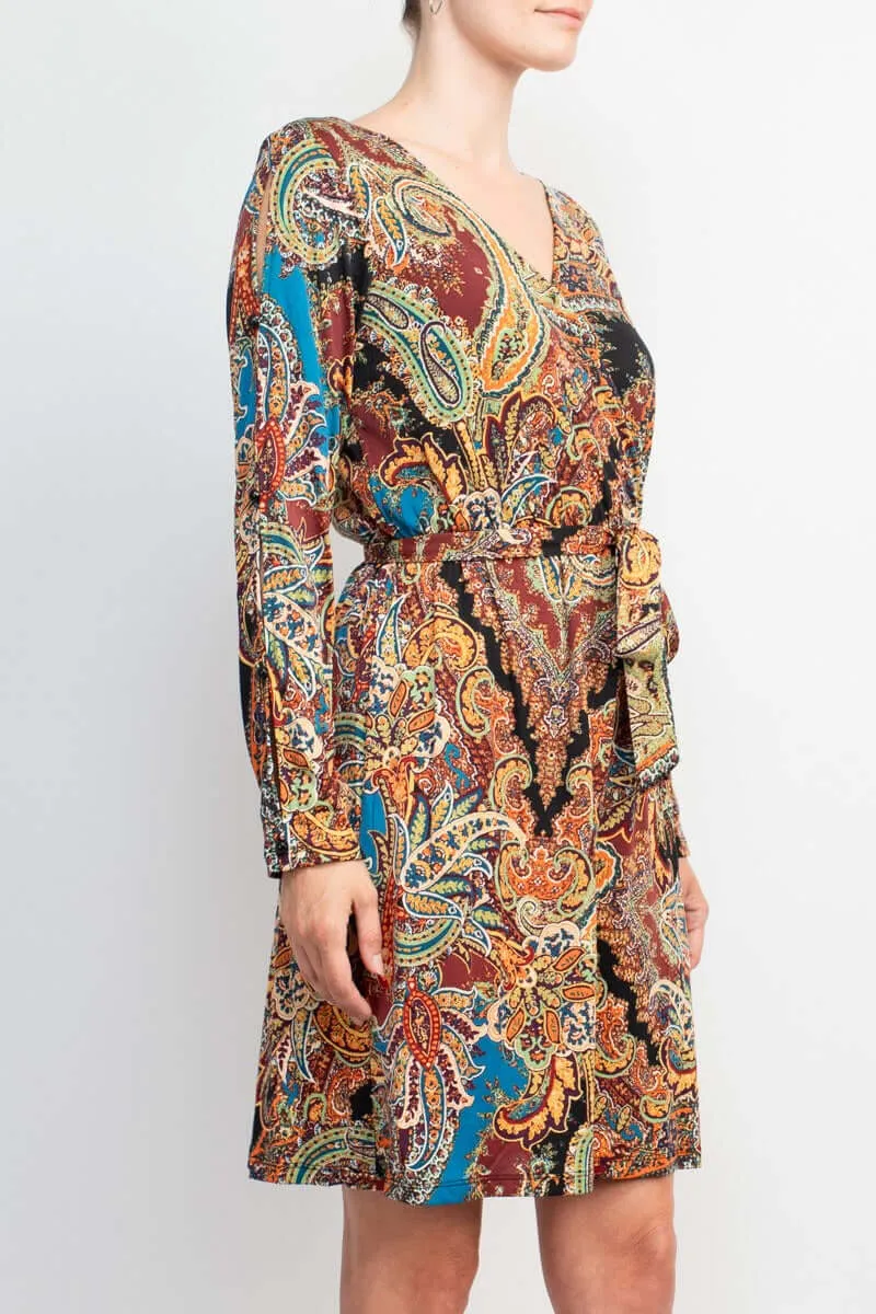 Emma & Michele V-Neck Long Sleeve Elastic Waist Tie Waist Paisley Print ITY Dress