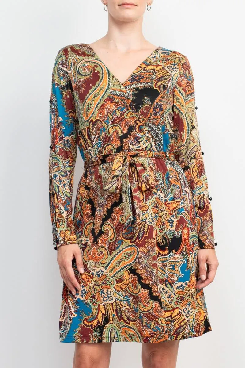 Emma & Michele V-Neck Long Sleeve Elastic Waist Tie Waist Paisley Print ITY Dress