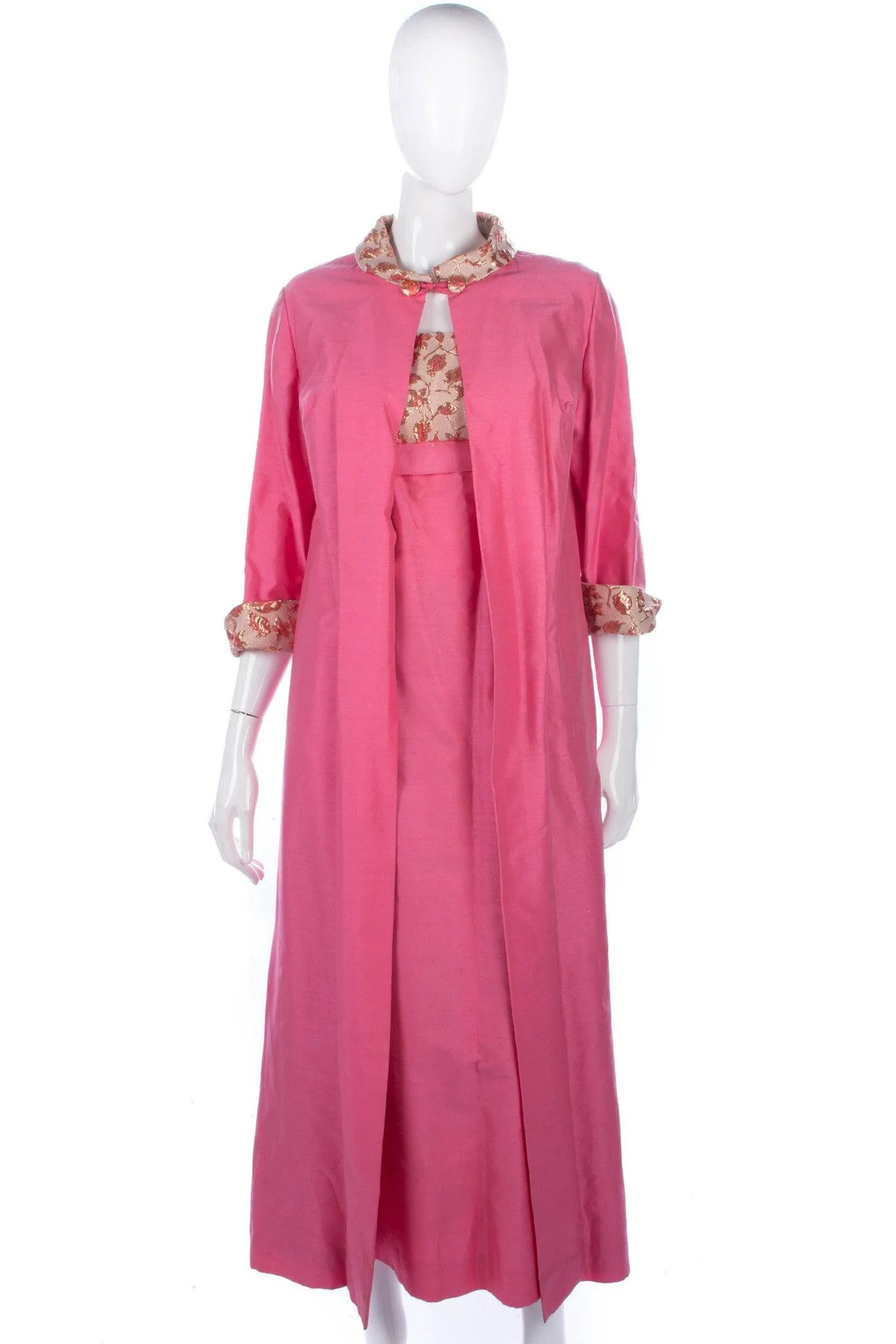 Fabulous Vintage 1950/60's Raw Silk Pink and Gold Long Evening Dress and Coat Size 10