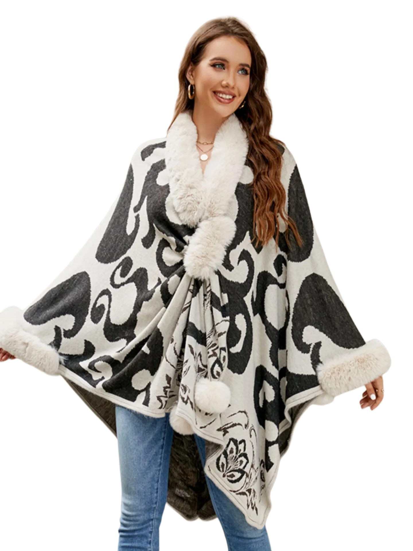 Faux Fur Trim Poncho