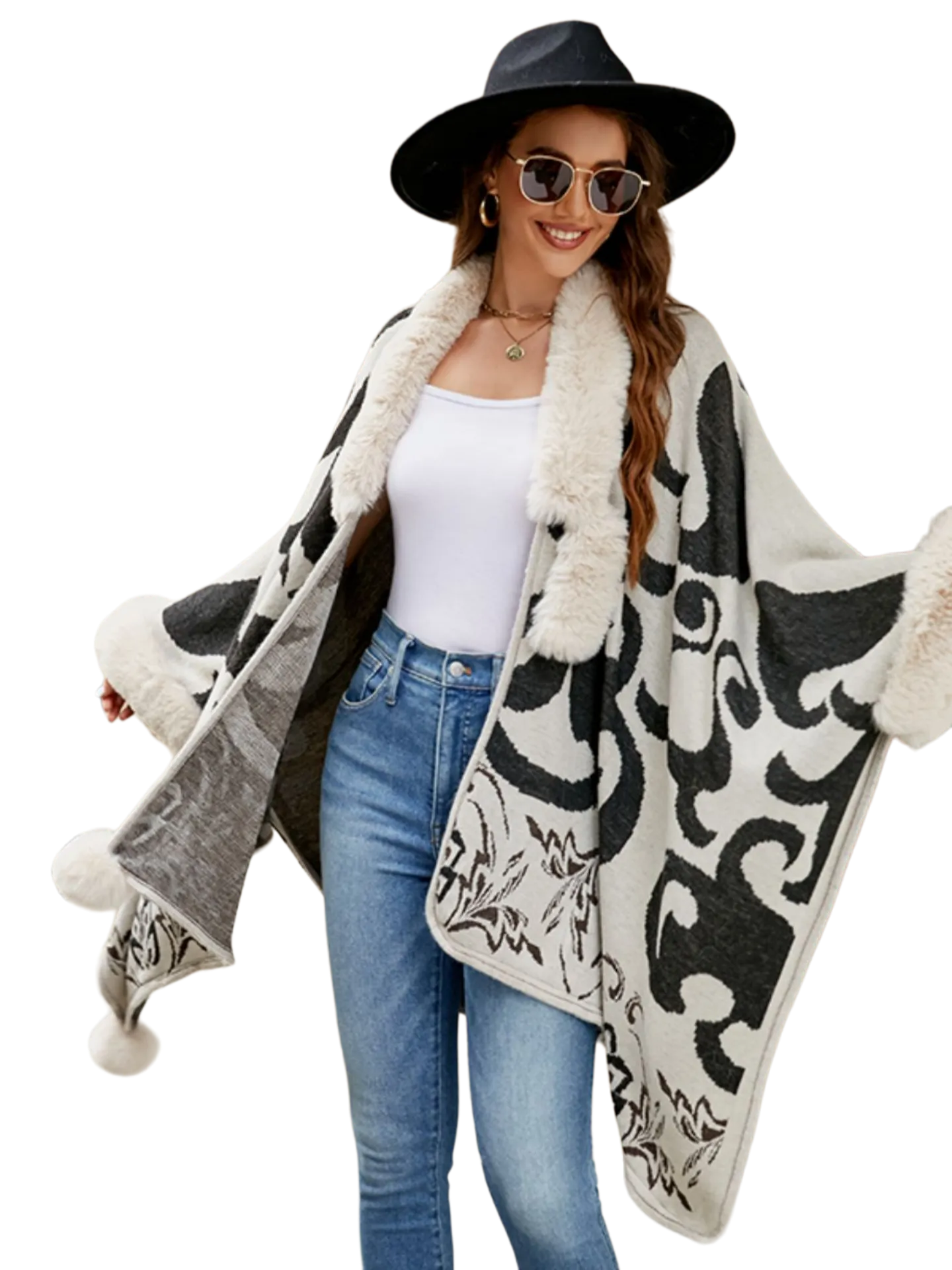 Faux Fur Trim Poncho