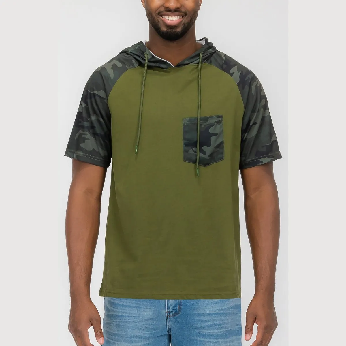 Green Color Block Short Sleeve Hooded Tee