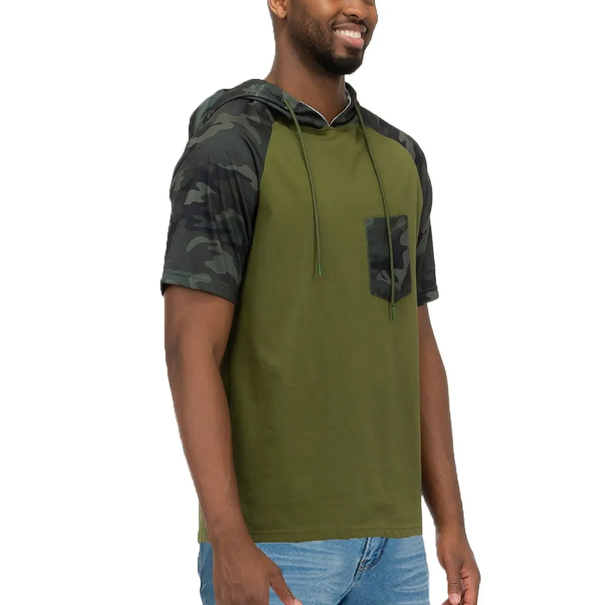 Green Color Block Short Sleeve Hooded Tee