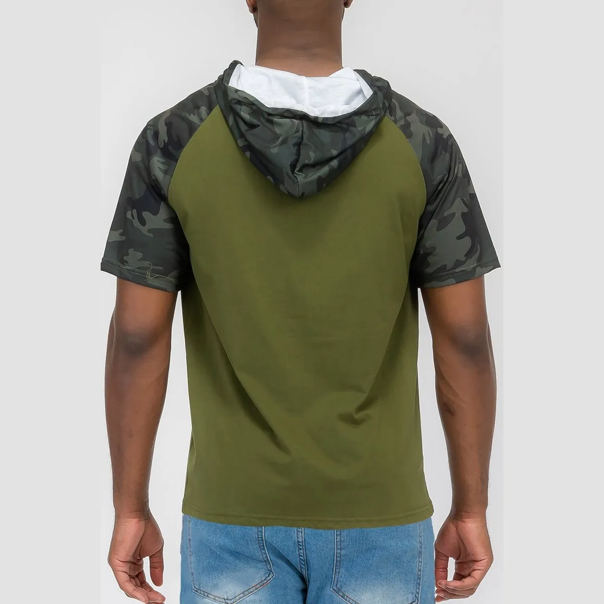 Green Color Block Short Sleeve Hooded Tee