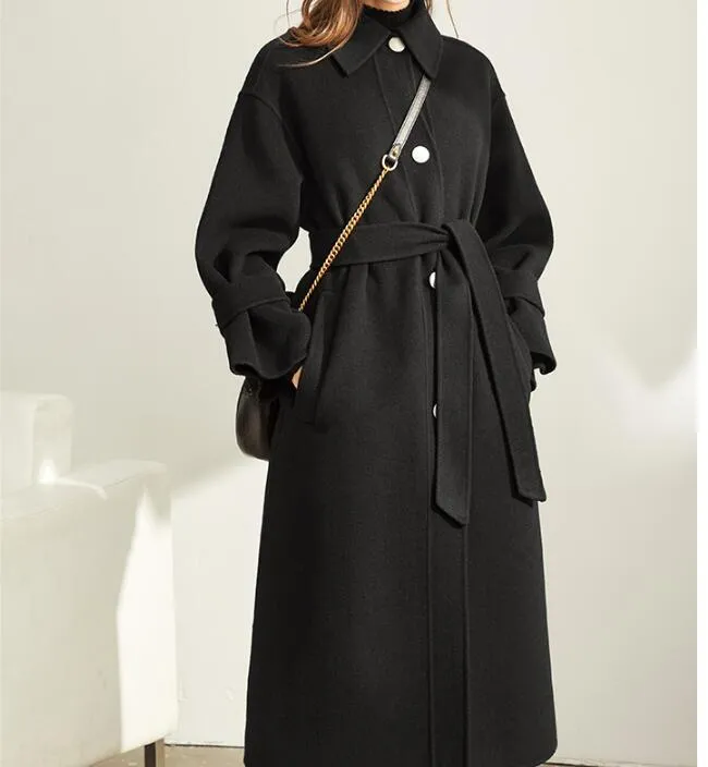 Handmade  Women Winter Black Long Women Wool Coat Jacket/6677