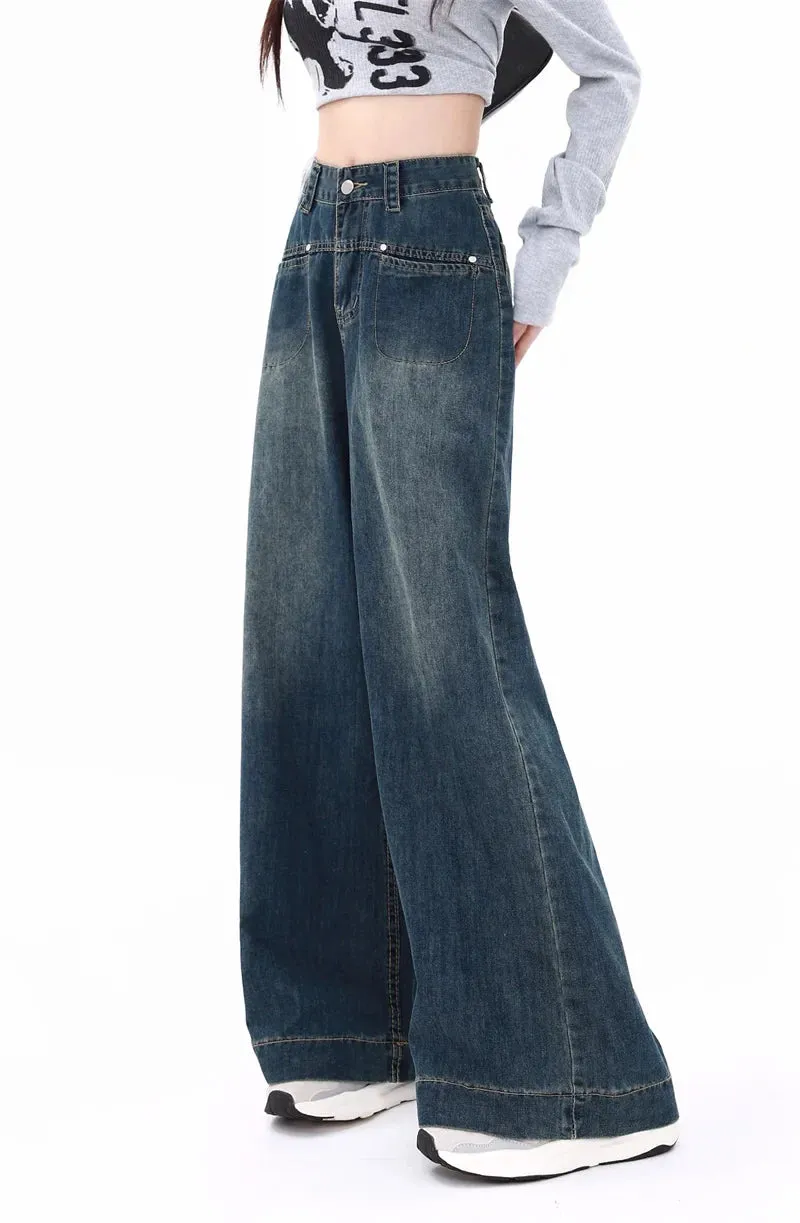 High Waisted Button Denim Wide Leg Jeans