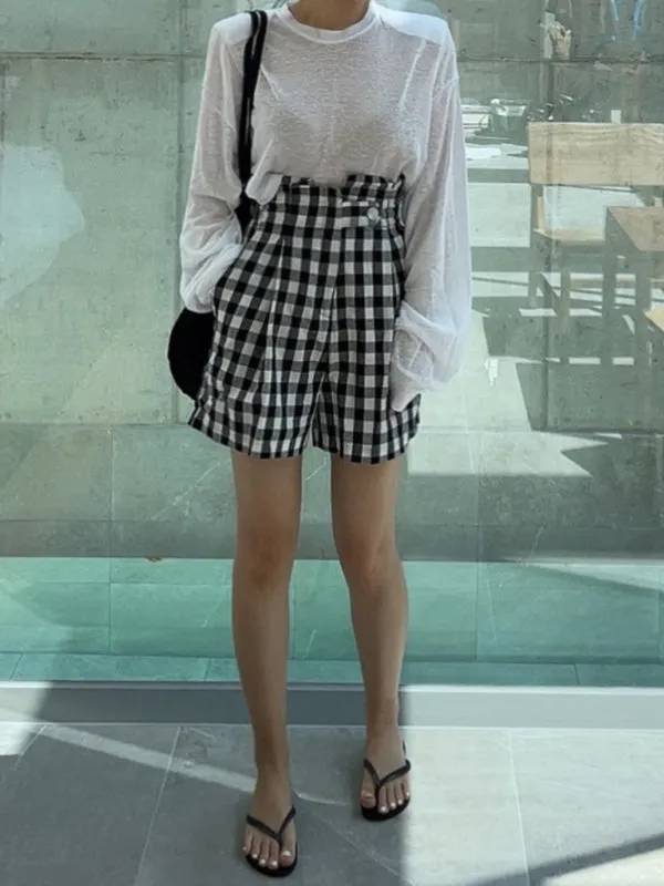 High Waisted Loose Buttoned Elasticity Plaid Shorts Bottoms