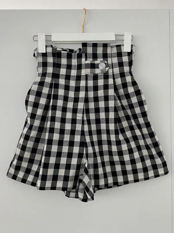 High Waisted Loose Buttoned Elasticity Plaid Shorts Bottoms