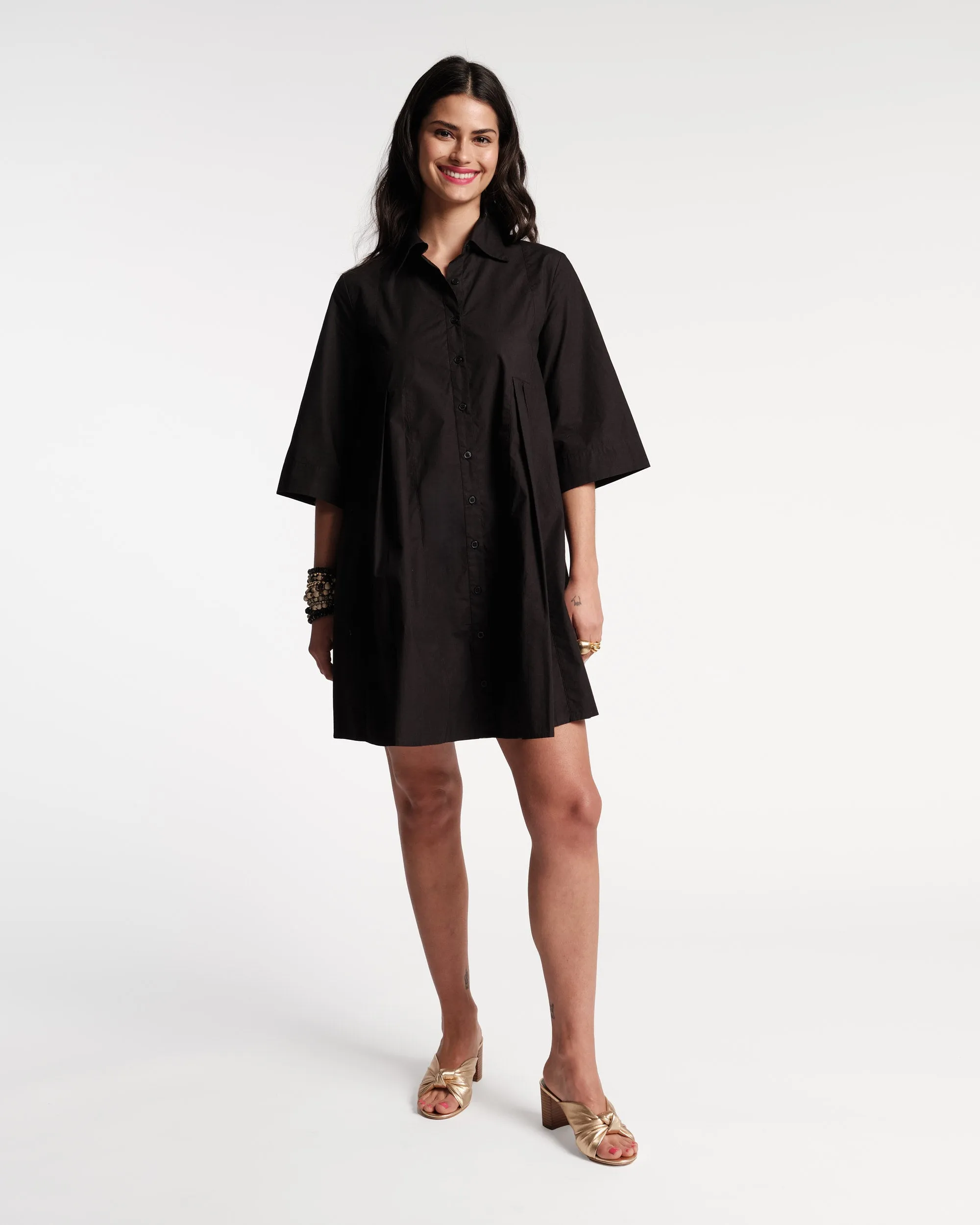 Isla Pleated Mini Shirtdress Cotton Poplin Black