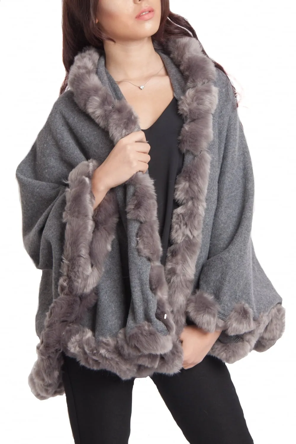 Knitted Soft Faux Fur Trim Poncho with Sleeves