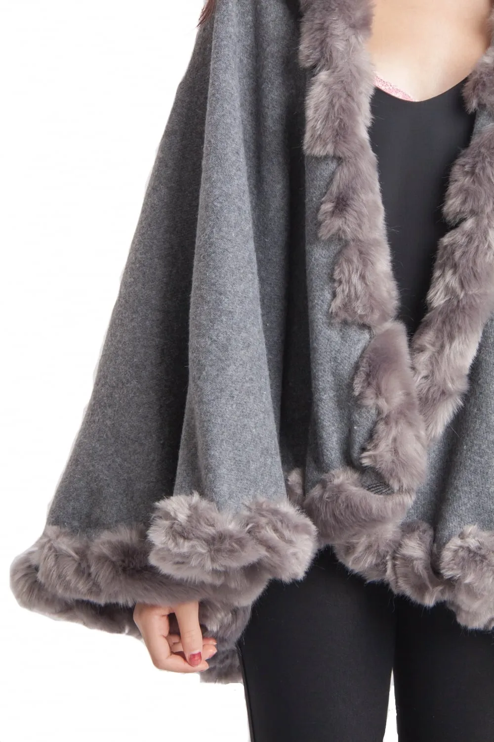 Knitted Soft Faux Fur Trim Poncho with Sleeves