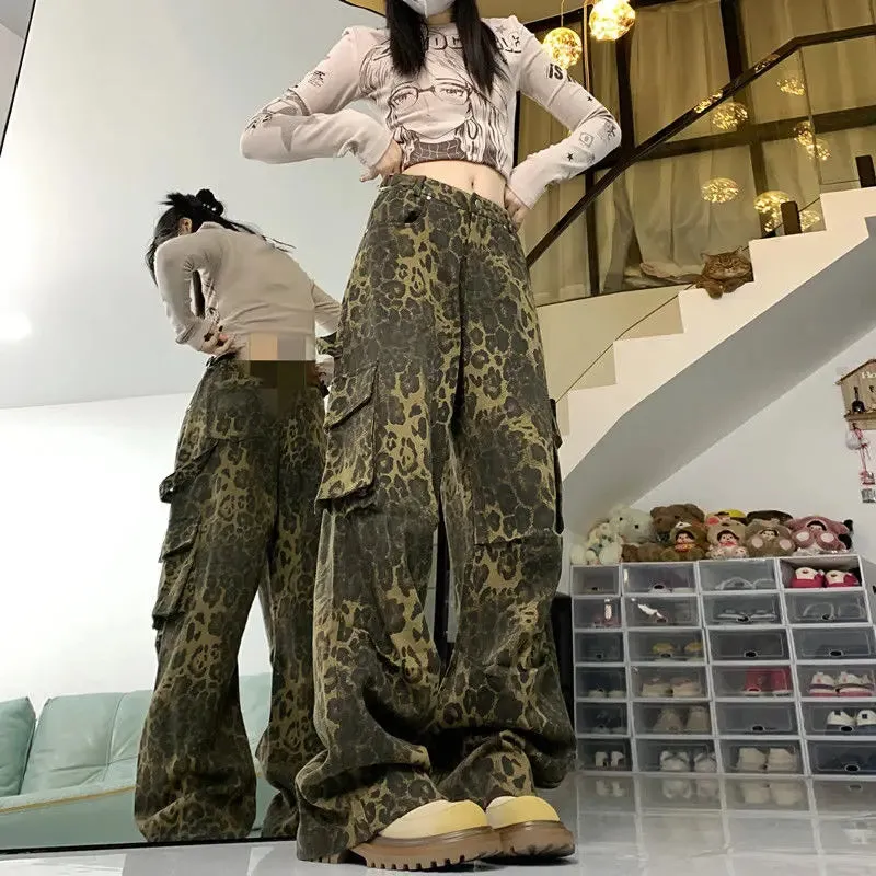 Leopard Print Cargo Pants High-waisted Retro Loose Pants