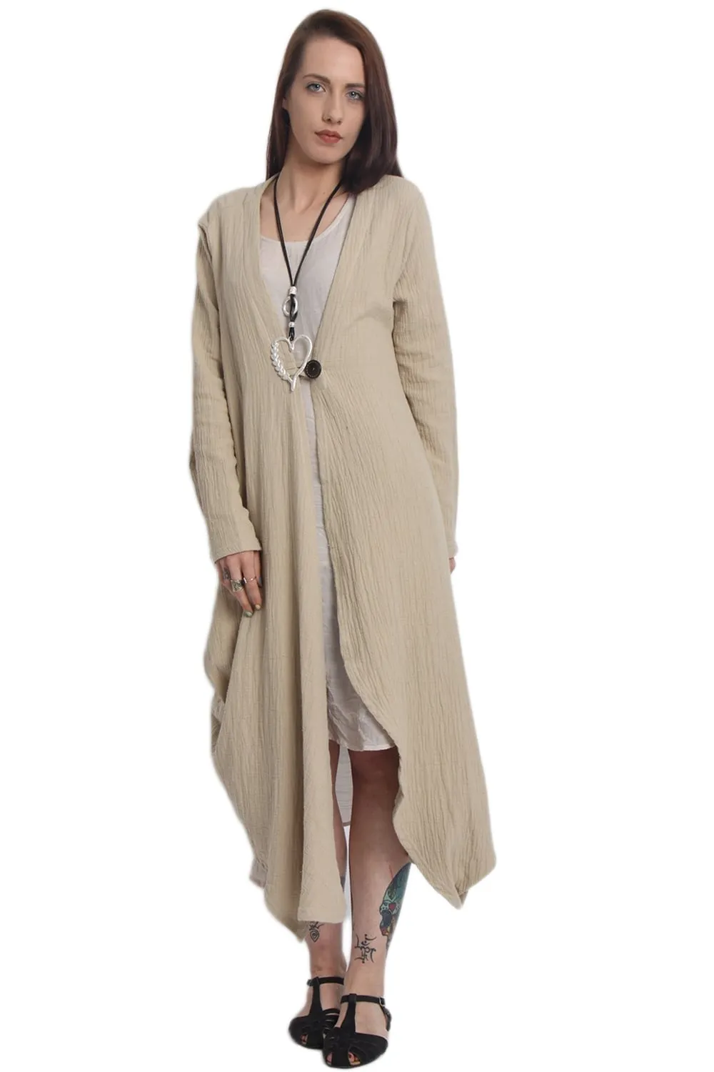 Linen Textured Longline Cardigan With Asymmetric Hem