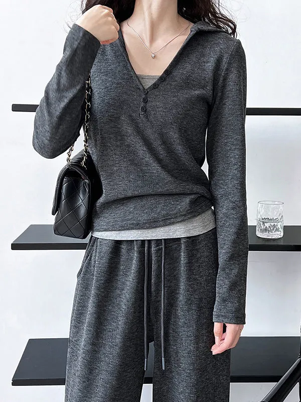 Long Sleeves Buttoned Hooded  T-Shirts Top   Vest Top   Wide Leg Drawstring Elasticity Pants Bottom Three Pieces Set