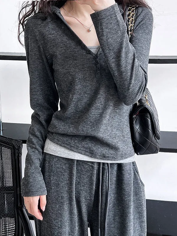 Long Sleeves Buttoned Hooded  T-Shirts Top   Vest Top   Wide Leg Drawstring Elasticity Pants Bottom Three Pieces Set