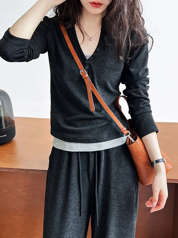 Long Sleeves Buttoned Hooded  T-Shirts Top   Vest Top   Wide Leg Drawstring Elasticity Pants Bottom Three Pieces Set