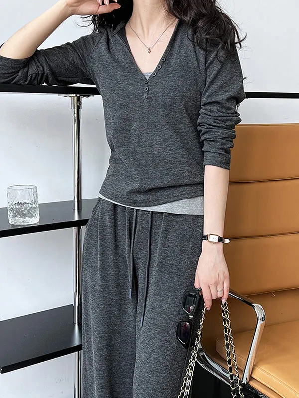 Long Sleeves Buttoned Hooded  T-Shirts Top   Vest Top   Wide Leg Drawstring Elasticity Pants Bottom Three Pieces Set