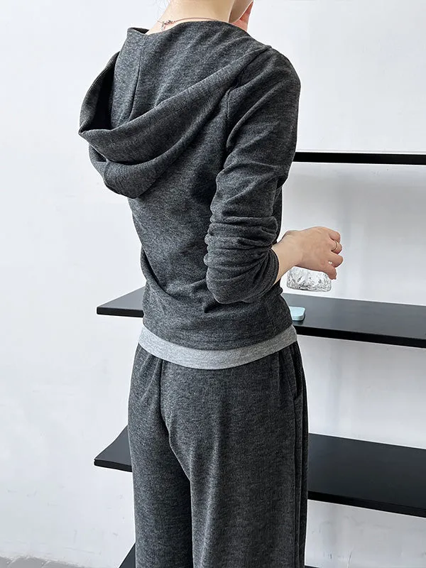 Long Sleeves Buttoned Hooded  T-Shirts Top   Vest Top   Wide Leg Drawstring Elasticity Pants Bottom Three Pieces Set