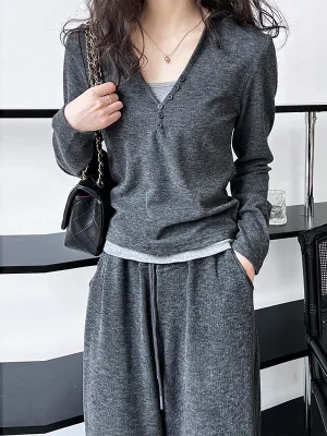 Long Sleeves Buttoned Hooded  T-Shirts Top   Vest Top   Wide Leg Drawstring Elasticity Pants Bottom Three Pieces Set