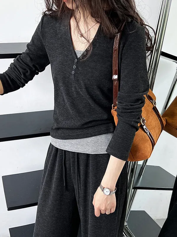 Long Sleeves Buttoned Hooded  T-Shirts Top   Vest Top   Wide Leg Drawstring Elasticity Pants Bottom Three Pieces Set