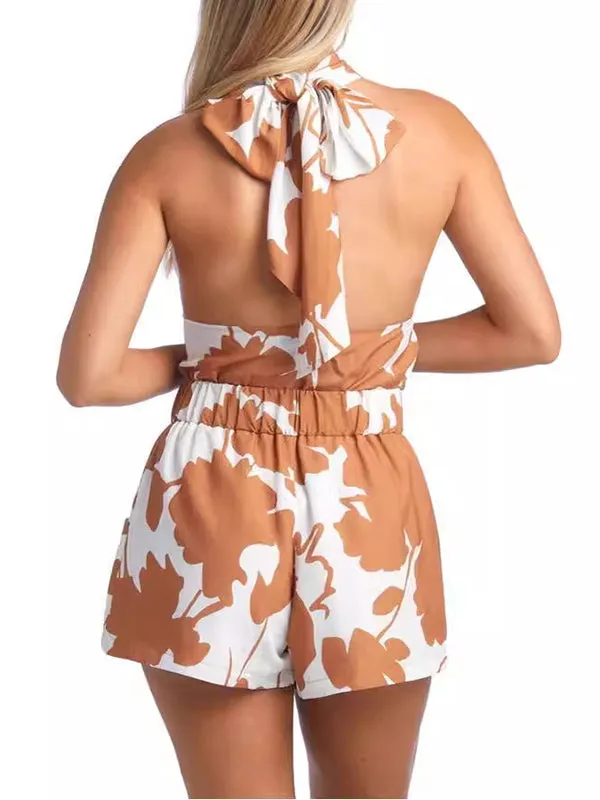 Loose Backless Flower Print Tied Halter-Neck Vest Top   Elasticity Pockets High Waisted Shorts Bottom Two Pieces Set