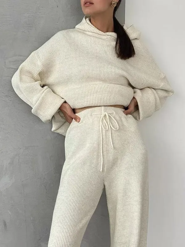 Loose Solid Color Round-Neck Hooded Long Sleeves Sweater Top   Drawstring Pants Bottom Two Pieces Set