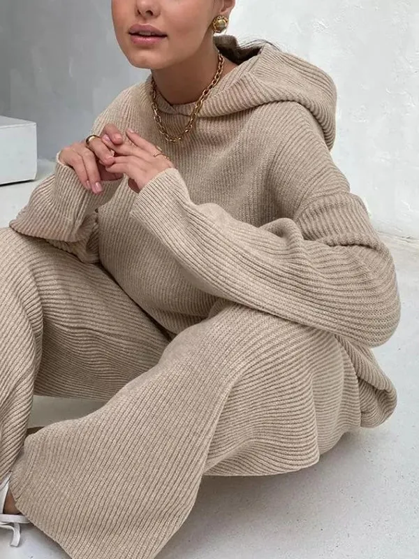 Loose Solid Color Round-Neck Hooded Long Sleeves Sweater Top   Drawstring Pants Bottom Two Pieces Set