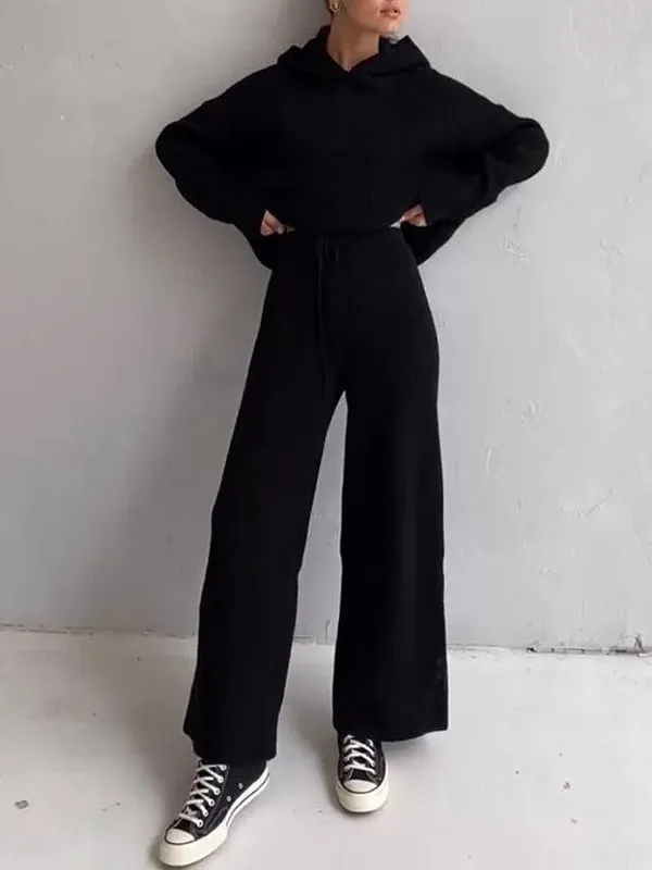 Loose Solid Color Round-Neck Hooded Long Sleeves Sweater Top   Drawstring Pants Bottom Two Pieces Set