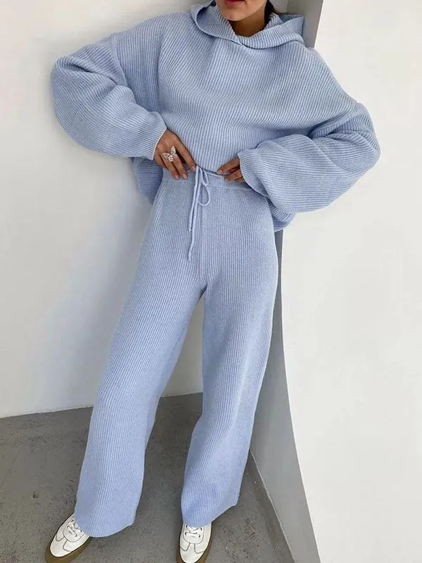 Loose Solid Color Round-Neck Hooded Long Sleeves Sweater Top   Drawstring Pants Bottom Two Pieces Set