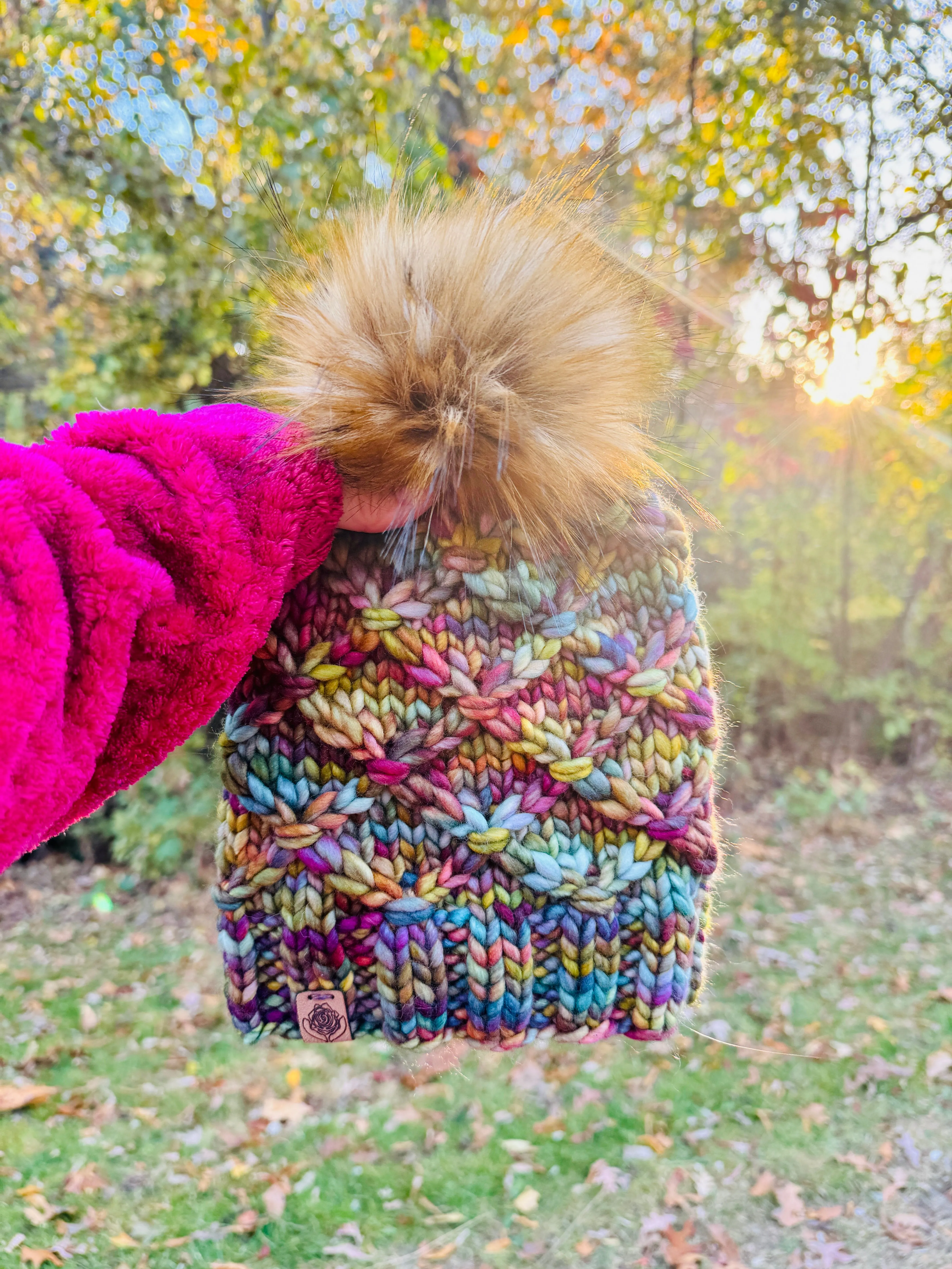 Luxury hand knit 100% merino wool womens winter hand knit pom pom hat beanie slow fashion rainbow