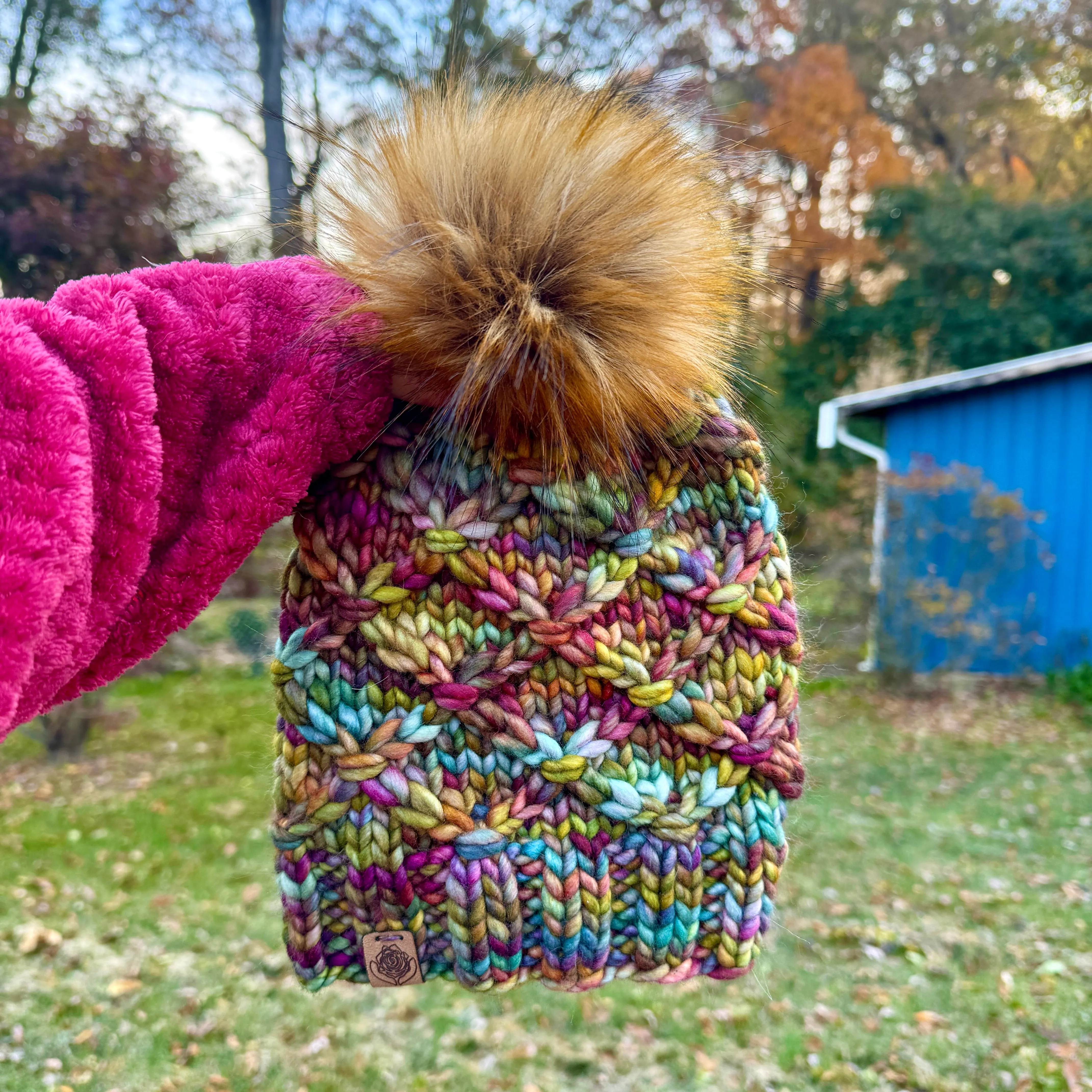 Luxury hand knit 100% merino wool womens winter hand knit pom pom hat beanie slow fashion rainbow