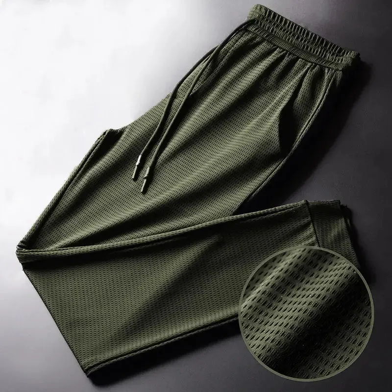 Men's Summer Ice Silk Pants Mesh Breathable Casual Thin Quick Dry Pants Loose Elastic Beam Feet Pants Sports Fitness Pants